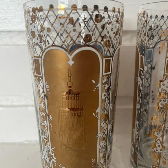 Vintage MCM 22 Karat Gold Rocks Glasses Blue Birdcage Set of 4 Georges Briard - Picture 9 of 14